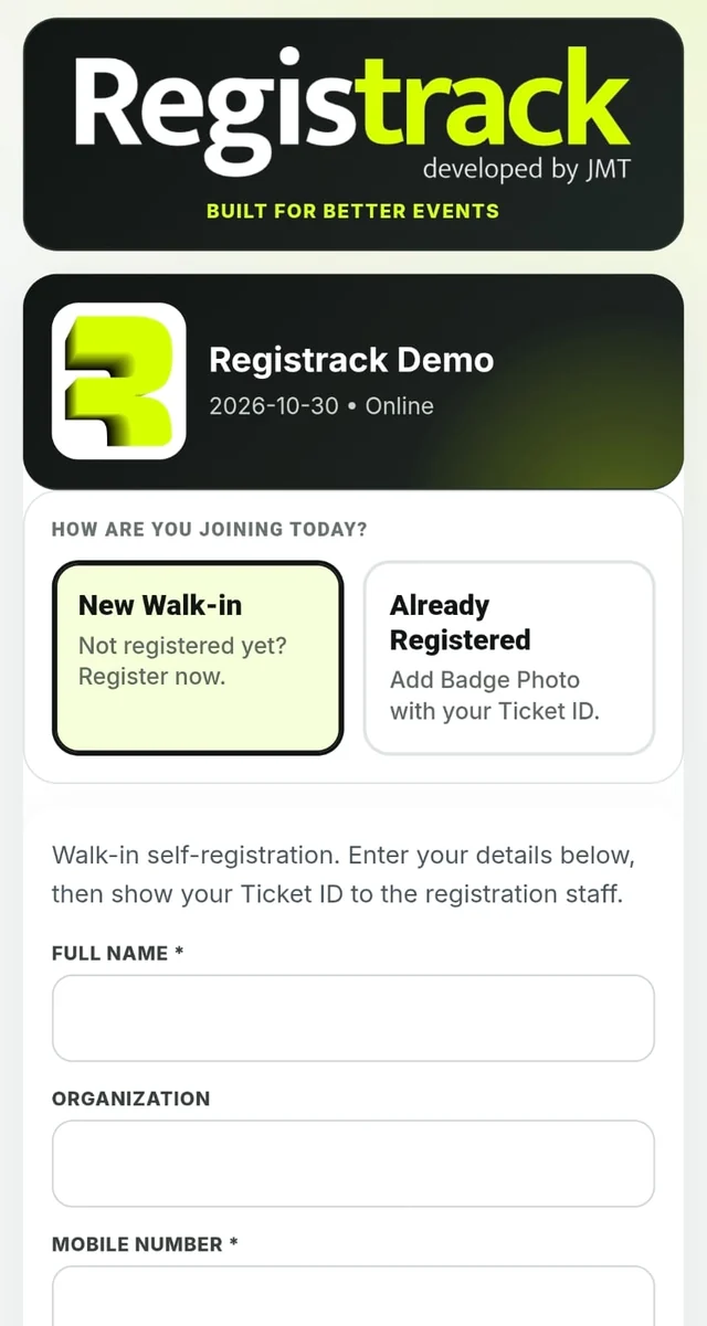 RegisTrack walk-in self-registration form on a phone